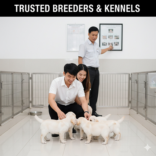 Cặp đôi trẻ tham quan trại chó uy tín, vuốt ve đàn chó Labrador con khỏe mạnh trong khu chuồng sạch sẽ