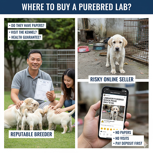 Ảnh so sánh nơi bán Lab uy tín với người bán online rủi ro và chú chó con đứng trước chuồng tạm bợ.