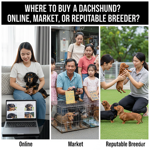 Ba kênh mua chó Lạp Xưởng: online, chợ và trại uy tín được minh họa bằng ba khung hình