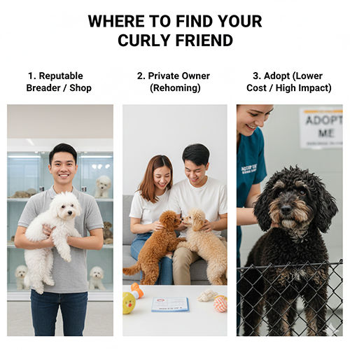 Các lựa chọn mua chó lông xoăn gồm trại chó uy tín, người nuôi nhà và nhận nuôi