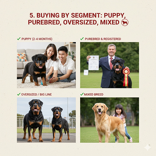 Mua chó Rottweiler theo phân khúc: chó con, thuần chủng, dòng đại và lai