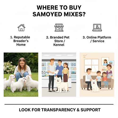 Hình minh họa các địa điểm uy tín để mua chó Samoyed lai như nhà nuôi, trại thú cưng và nền tảng online