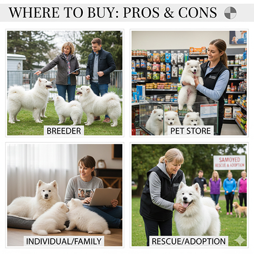 Các kênh mua chó Samoyed và ưu nhược điểm: trại giống, shop thú cưng, hộ gia đình, cứu hộ