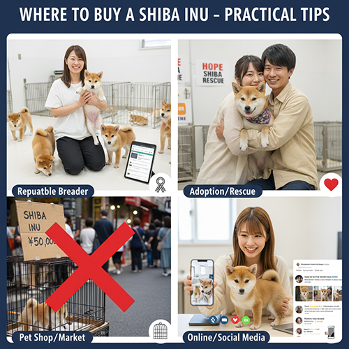 Infographic bốn ô minh họa các kênh mua chó Shiba Inu gồm trại giống uy tín nhận nuôi cứu hộ kênh online và cảnh báo chợ chó mèo rủi ro cao