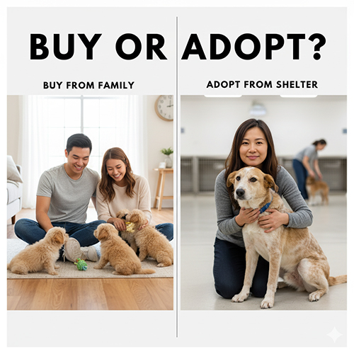 So sánh giữa việc mua chó cỏ con từ gia đình và nhận nuôi chó cỏ trưởng thành từ trung tâm cứu hộ.