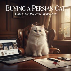 Mèo Ba Tư ngồi trên ghế da, minh họa bài viết về checklist 3 tầng, quy trình mua mèo 7 bước và hợp đồng bảo hành.