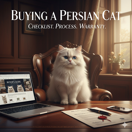 Mèo Ba Tư ngồi trên ghế da, minh họa bài viết về checklist 3 tầng, quy trình mua mèo 7 bước và hợp đồng bảo hành.