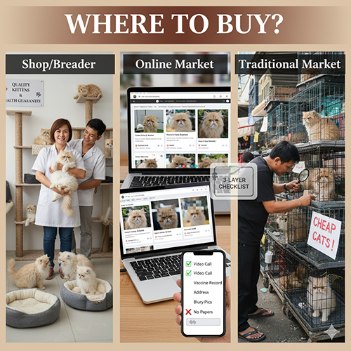So sánh ba kênh mua mèo Ba Tư: shop uy tín, thị trường online và chợ thú cưng truyền thống, kèm ưu nhược điểm và checklist giảm rủi ro.