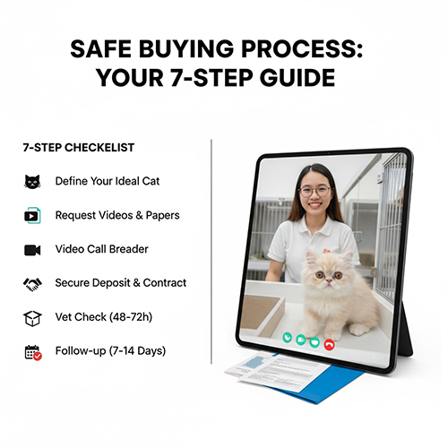 Minh họa quy trình mua mèo Ba Tư an toàn với bảng checklist 7 bước và video call kiểm tra bé thật
