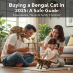 Gia đình hạnh phúc chơi đùa cùng hai chú mèo Bengal trong nhà, minh họa cho bài hướng dẫn mua mèo Bengal an toàn