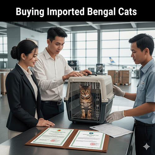 Cặp đôi nhận mèo Bengal nhập khẩu tại sân bay, bên cạnh là nhân viên kiểm tra giấy tờ và lồng vận chuyển