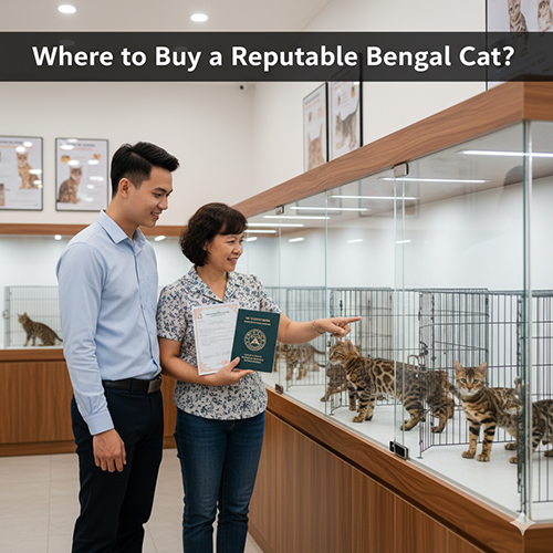 Người phụ nữ và nhân viên cửa hàng đang xem mèo Bengal trong lồng kính tại shop thú cưng uy tín