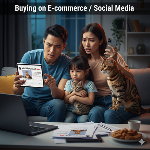 Gia đình lo lắng xem tin rao bán mèo Bengal giá rẻ trên mạng xã hội khi đang ngồi trước laptop và máy tính bảng