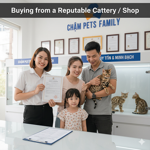 Gia đình trẻ nhận mèo Bengal tại cửa hàng Chạm Pets Family, nhân viên bàn giao giấy tờ và hợp đồng bảo hành