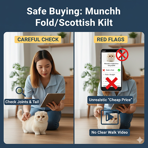 Cô gái kiểm tra mèo chân ngắn tai cụp bằng máy tính bảng, minh họa các bước kiểm tra và cảnh báo khi mua Munchkin Fold hoặc Scottish Kilt