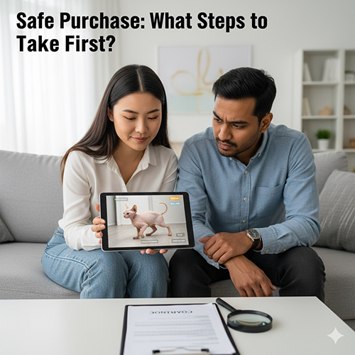 Cặp đôi xem video mèo Sphynx trên tablet trước khi ký hợp đồng mua bán, minh họa quy trình mua an toàn