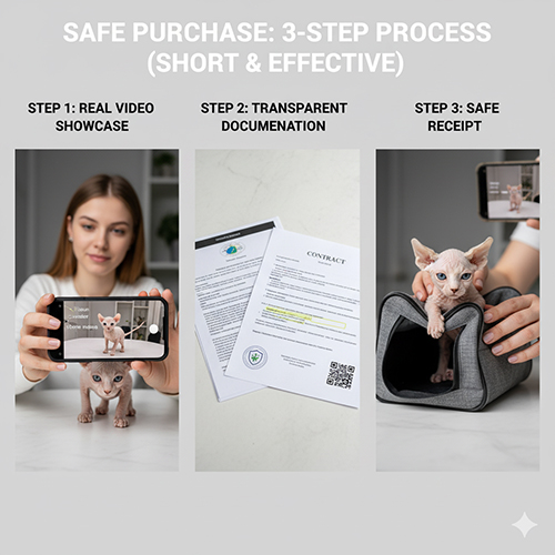 Quy trình mua mèo không lông an toàn với 3 bước: xem video thật, kiểm tra hồ sơ minh bạch, nhận bé an toàn.