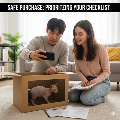 Một cặp đôi kiểm tra mèo không lông trong hộp vận chuyển và quay video, minh họa các bước mua mèo an toàn