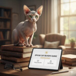mèo Sphynx không lông ngồi trên chồng sách cạnh máy tính bảng hiển thị hướng dẫn mua mèo không lông an toàn