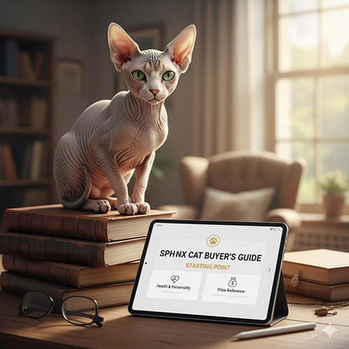mèo Sphynx không lông ngồi trên chồng sách cạnh máy tính bảng hiển thị hướng dẫn mua mèo không lông an toàn