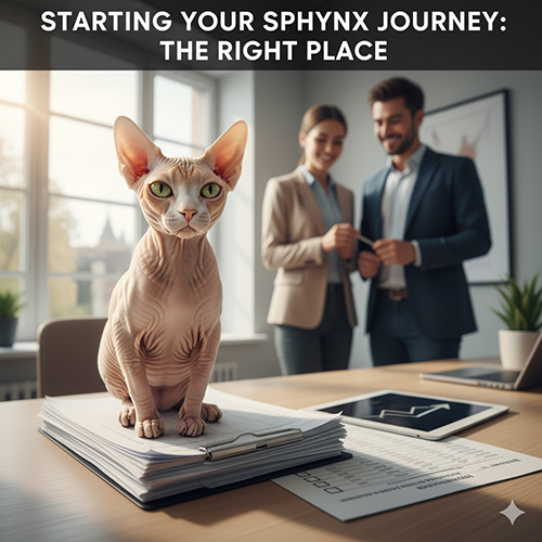 mèo Sphynx không lông ngồi trên xấp hồ sơ trong văn phòng, phía sau có hai người đang trao đổi khi tìm nơi mua mèo Sphynx uy tín
