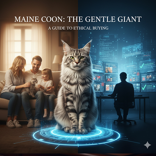 Ảnh minh họa mua mèo Maine Coon an toàn với gia đình đang chơi cùng mèo và cảnh báo rủi ro giá rẻ.