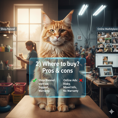 Ảnh minh họa so sánh kênh mua mèo Maine Coon giữa shop/kennel uy tín và rao vặt online với ưu – nhược điểm rõ ràng.