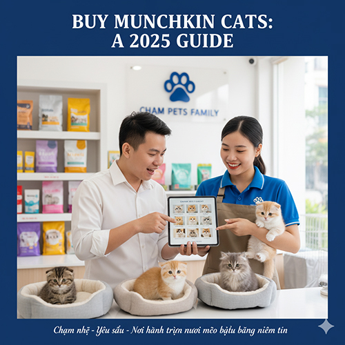 Ảnh tư vấn tại Chạm Pets Family với nhiều mèo Munchkin chân ngắn trên quầy; nhân viên giới thiệu checklist chọn mèo, ảnh đại diện bài viết hướng dẫn mua mèo Munchkin 2025.
