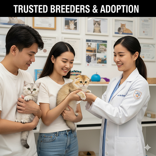 Cặp đôi trẻ đang nhận mèo Munchkin con từ bác sĩ thú y trong phòng khám hiện đại, thể hiện quá trình mua và nhận nuôi mèo chân ngắn từ nguồn uy tín tại Việt Nam.
