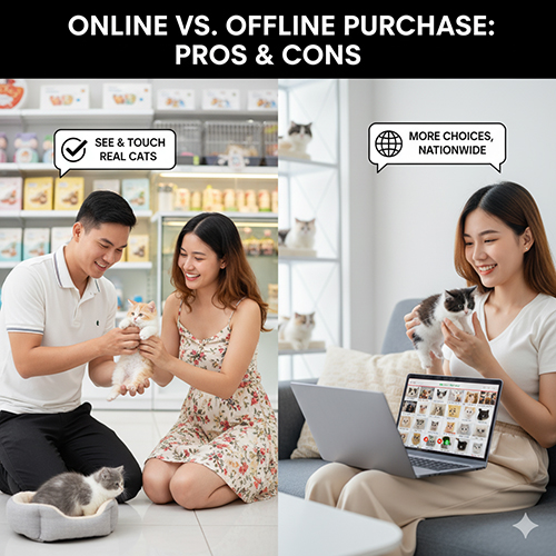 So sánh mua mèo Munchkin online và trực tiếp: cửa hàng cho xem – chạm mèo thật vs mua từ xa nhiều lựa chọn toàn quốc, nêu ưu nhược điểm rõ ràng.