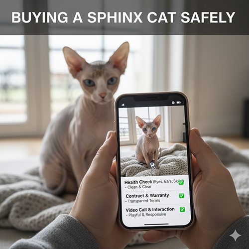 Mèo Sphynx ngồi trước cửa sổ, người cầm điện thoại quay video kiểm tra sức khỏe