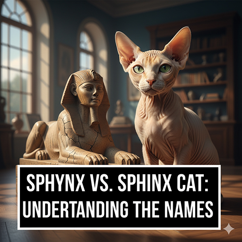 mèo Sphynx không lông đứng cạnh tượng Nhân Sư Ai Cập trong thư viện, minh họa sự khác nhau giữa tên gọi mèo nhân sư và Sphynx
