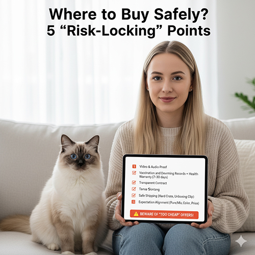 Người phụ nữ cầm tablet hiển thị checklist 5 điểm mua mèo Ragdoll an toàn, bên cạnh là mèo Ragdoll trưởng thành.