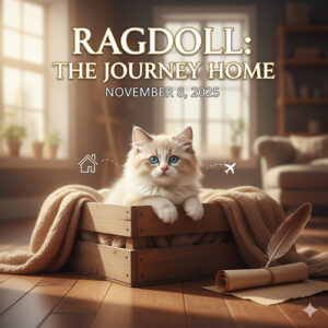 Mèo Ragdoll trong hộp gỗ dễ thương – minh họa bài viết mua mèo Ragdoll an toàn, checklist kiểm tra và vận chuyển.