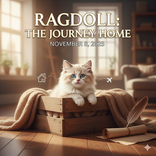 Mèo Ragdoll trong hộp gỗ dễ thương – minh họa bài viết mua mèo Ragdoll an toàn, checklist kiểm tra và vận chuyển.