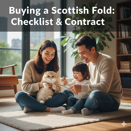 Gia đình hạnh phúc đang ngồi trong phòng khách sáng sủa cùng mèo Scottish Fold, minh họa cho bài viết hướng dẫn mua mèo tai cụp, checklist và hợp đồng