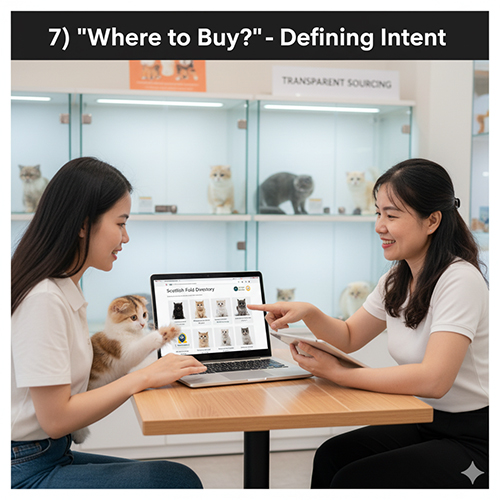 Hai cô gái trò chuyện trong cửa hàng mèo, xem danh sách mèo Scottish Fold trên laptop cùng một bé mèo con ngồi cạnh, minh họa bước chọn nơi mua uy tín và minh bạch.