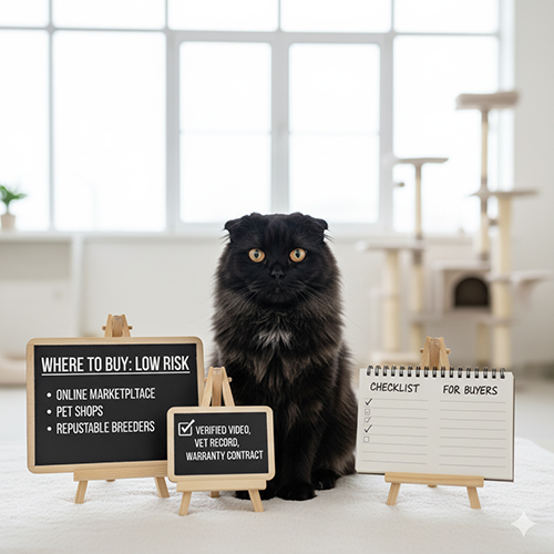 Mèo tai cụp đen Scottish Fold ngồi cạnh bảng “Where to buy: low risk”, minh họa các lựa chọn mua mèo an toàn như shop, trại giống và chợ online uy tín.
