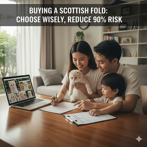 Gia đình trẻ cùng con nhỏ đang xem ảnh mèo Scottish Fold trên laptop và ký hợp đồng nhận mèo, không khí ấm áp và tin cậy