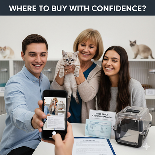 Ba người vui vẻ tại cửa hàng thú cưng, cầm mèo con và quay video xác nhận sức khỏe, trên bàn có hợp đồng và sổ tiêm.