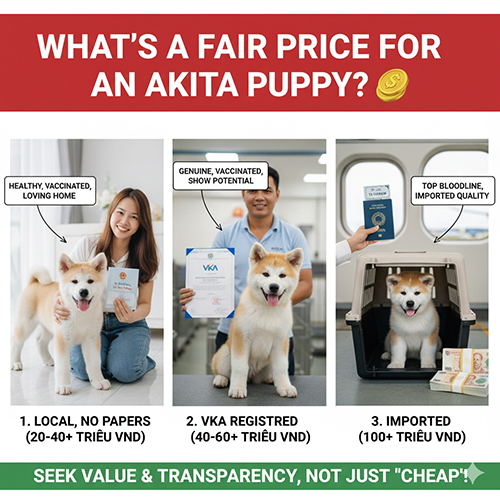Ảnh minh họa các mức giá hợp lý cho chó Akita: sinh trong nước, có giấy VKA và nhập khẩu