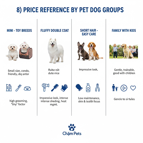 Bảng tham chiếu mức giá chó cảnh theo nhóm mini toy lông xù lông ngắn và chó gia đình