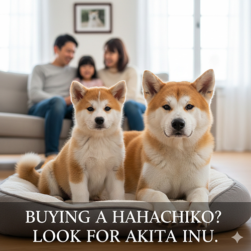 Hai chó Akita Inu màu đỏ trắng ngồi trong nhà cùng gia đình, gợi ý việc mua chó “kiểu Hachiko”