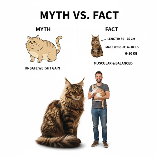 Infographic so sánh hiểu lầm và sự thật về kích thước mèo Maine Coon.