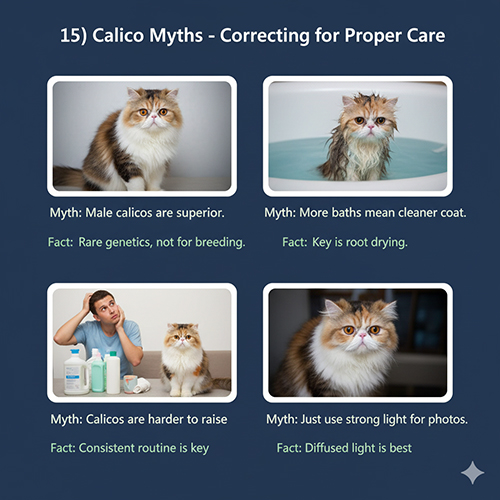 Bốn tình huống minh họa các hiểu lầm về mèo tam thể và sự thật để chăm đúng cách