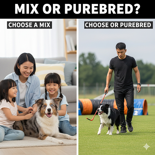 Ảnh so sánh giữa việc chọn chó Border Collie lai cho gia đình và chó Border Collie thuần chủng cho người yêu thể thao hoặc huấn luyện chuyên sâu.