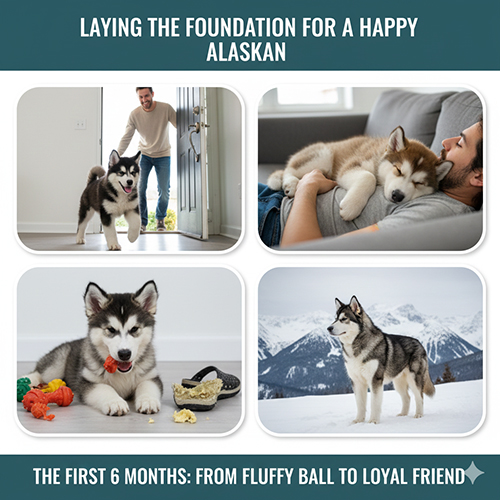 Chó Alaska con trong sinh hoạt gia đình từ lúc nhỏ đến khi trưởng thành khỏe mạnh