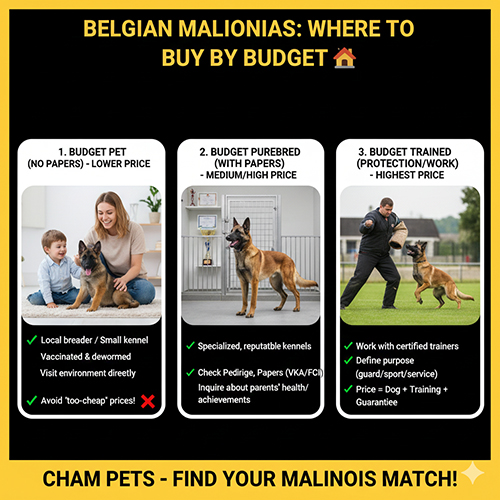 Ảnh gợi ý nơi mua chó Béc Bỉ Malinois theo từng tầm giá: pet không giấy, thuần có giấy và chó đã huấn luyện