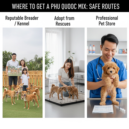 Ảnh minh họa ba nguồn nhận nuôi hoặc mua chó Phú Quốc lai an toàn: trại uy tín, nhận nuôi cứu hộ và shop thú cưng chuyên nghiệp.