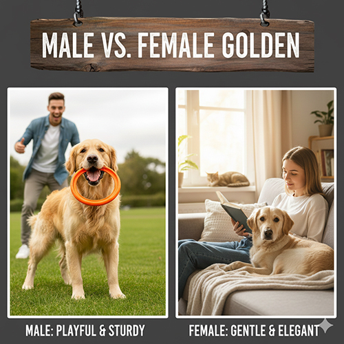 So sánh chó Golden Retriever đực và cái qua hai hình: đực năng động ngoài trời, cái nhẹ nhàng trong phòng khách
